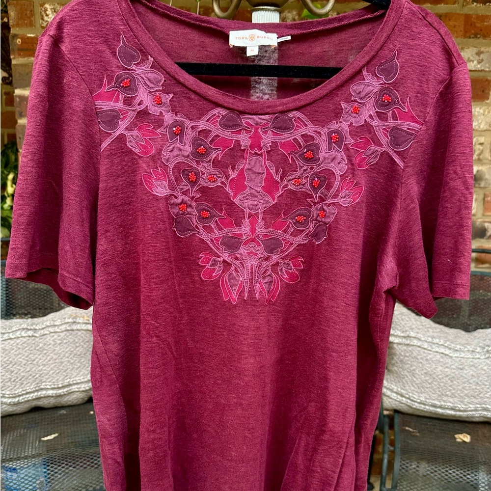 Tory Burch Rich Burgundy Embroidered Linen Short Sleeve Slub Tee XL